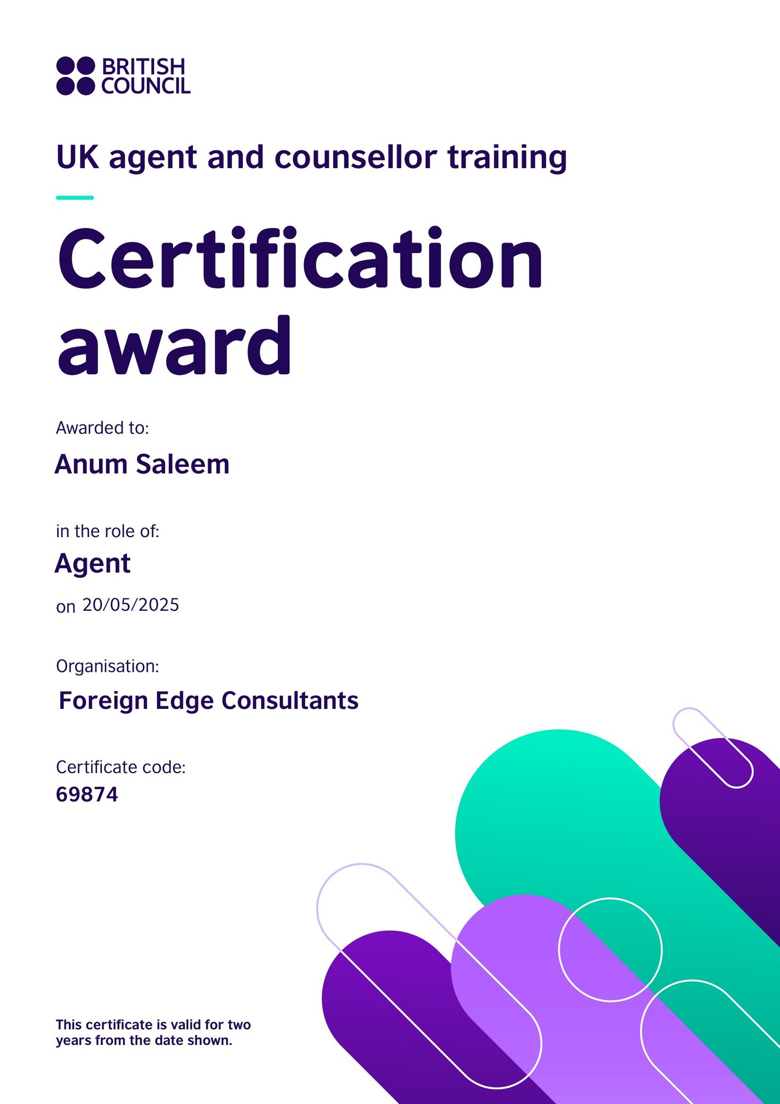 Anum Saleem - British Council Certificate